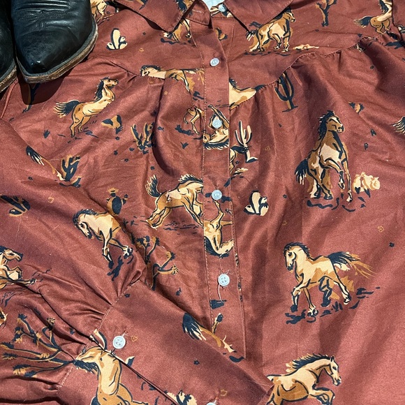 7am Women’s XL Rust Horse Print Button-Up Shirt Western Collard - Picture 4 of 7